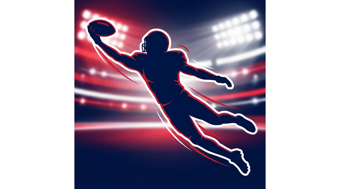 Stylized silhouette of a receiver mid-air making a one-handed catch, navy and red palette, blurred stadium lights