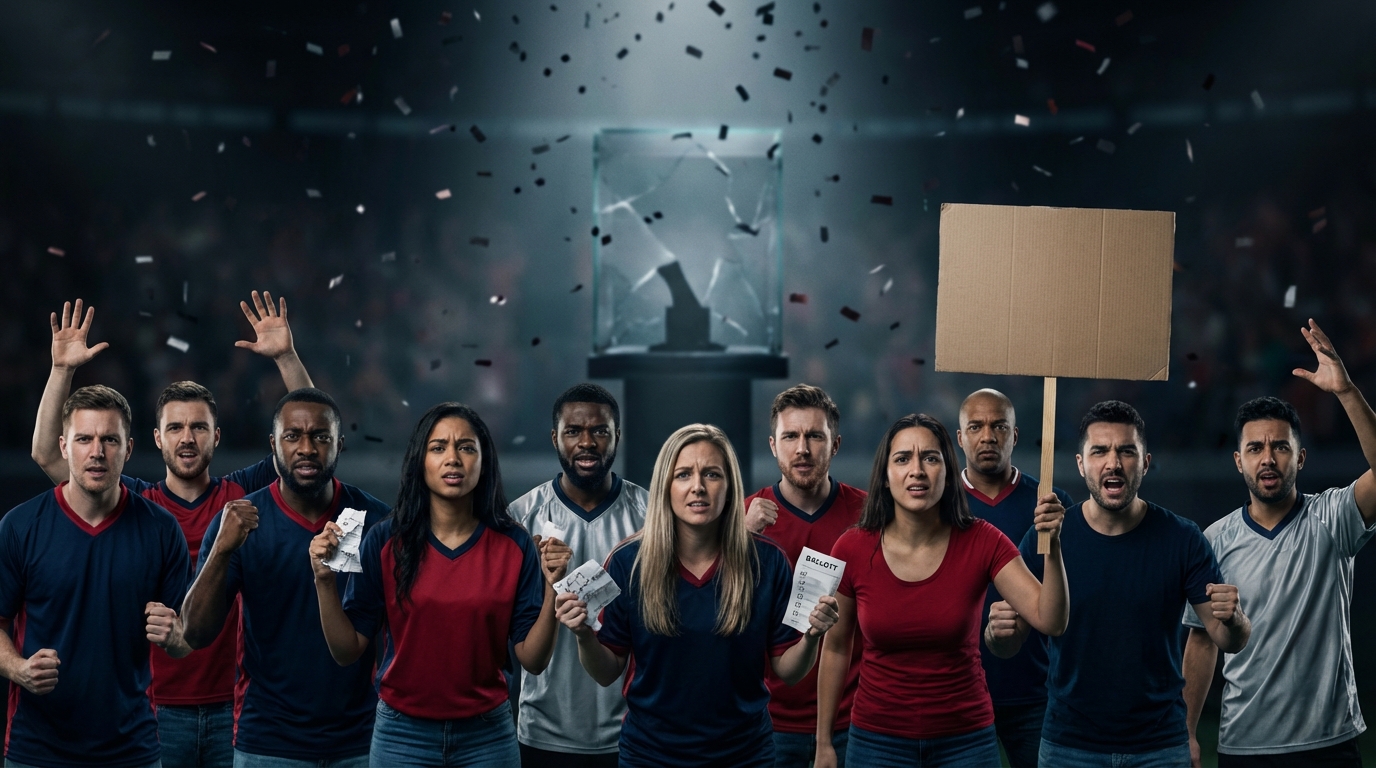 Diverse Patriots fans with angry and disappointed expressions, holding crumpled ballots and a blank protest sign, shattered trophy silhouette in background