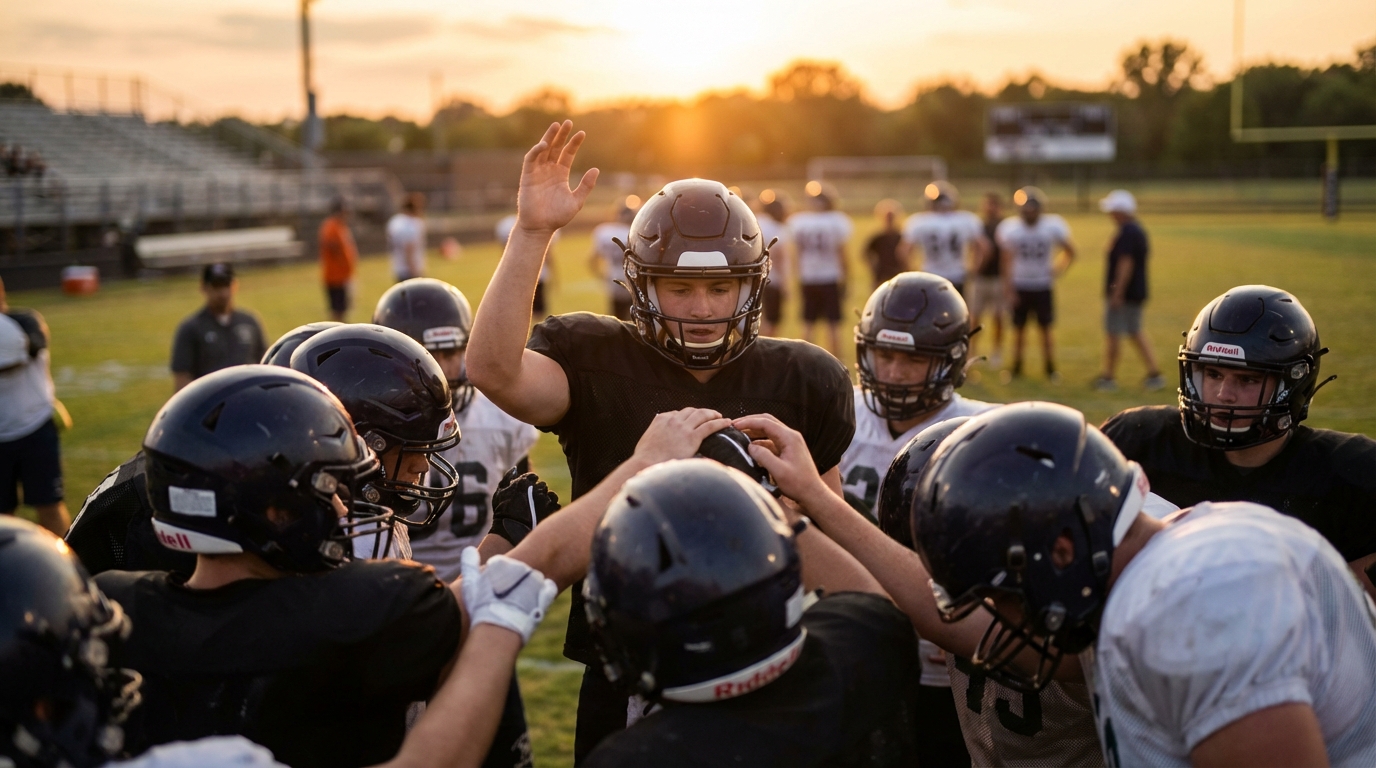 Football team huddle with quarterback directing teammates
