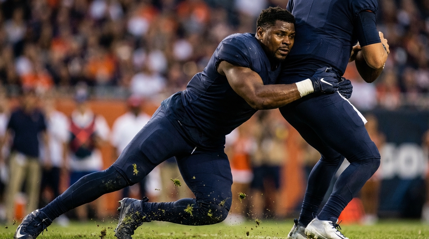 Khalil Mack in action, NFL veteran and potential 2026 free agent pursuing quarterback.