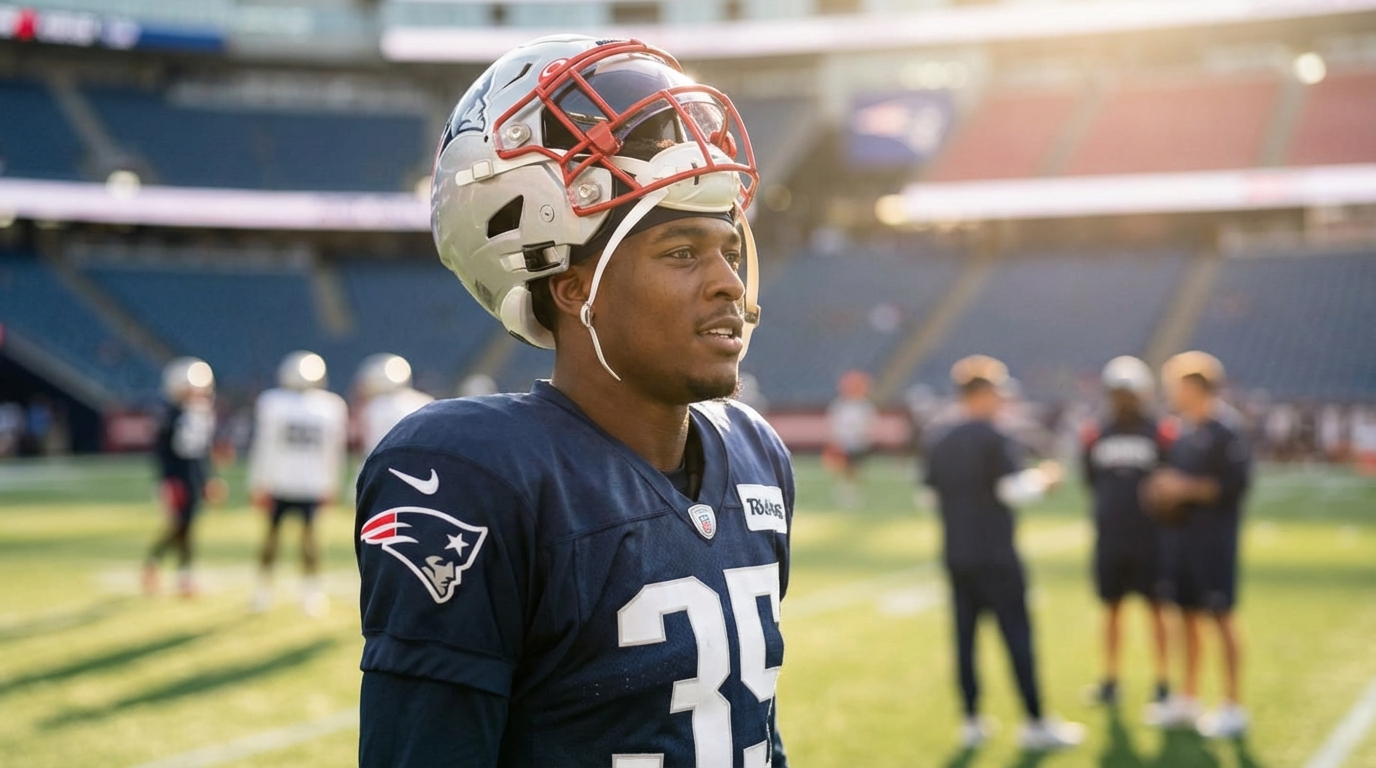 Jaylinn Hawkins in a New England Patriots uniform, medium close-up on the field, hopeful team atmosphere