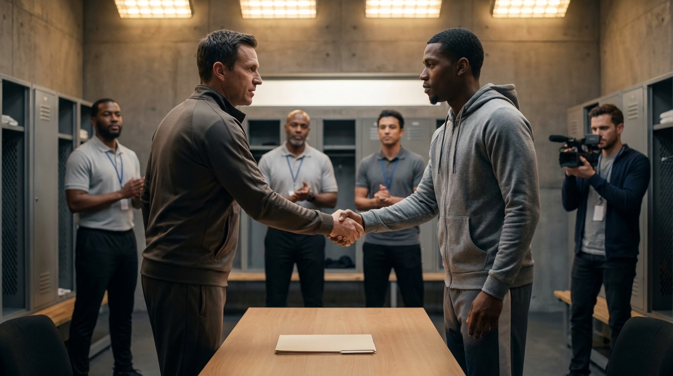 Coach and newly signed player shaking hands in locker room with contract folder