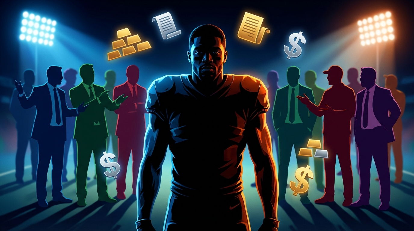 Illustration of NFL trade negotiations centered on a player amid team silhouettes
