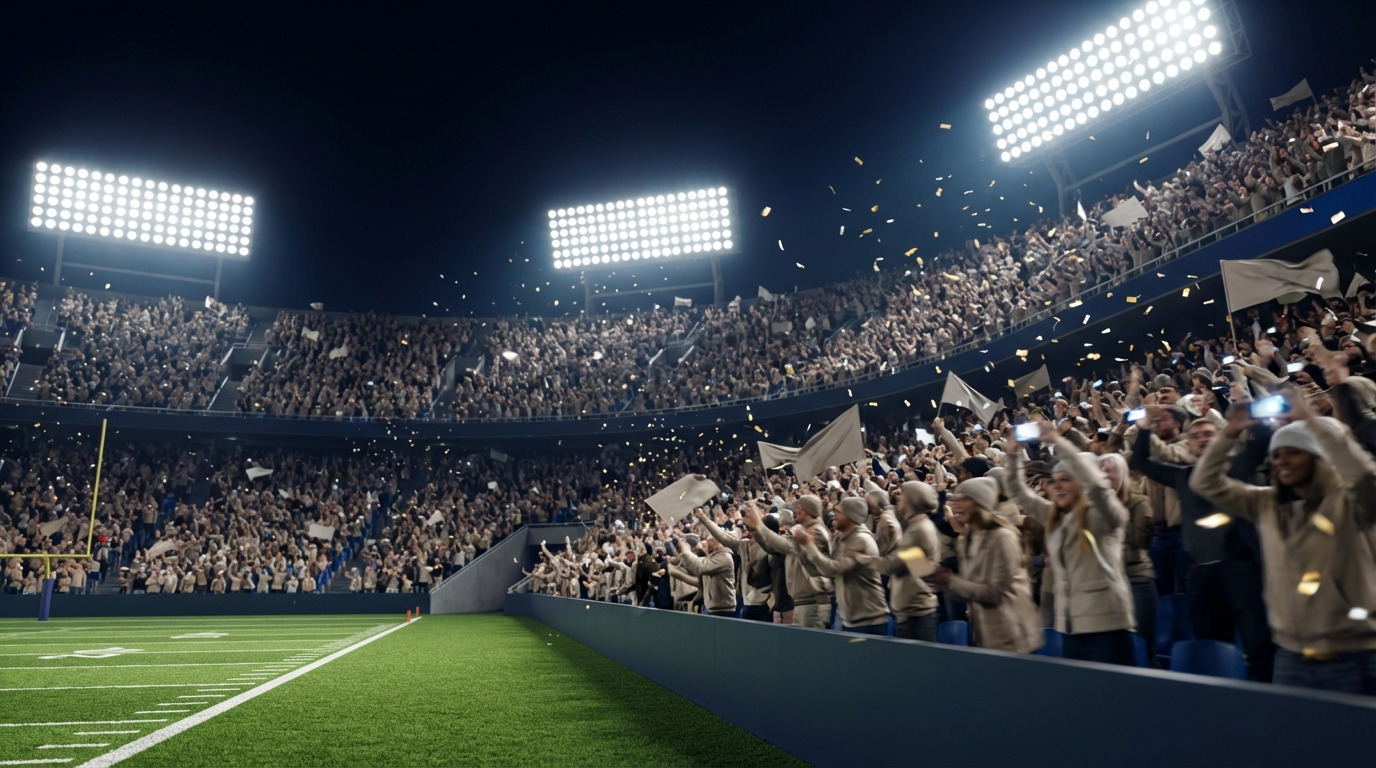 Crowded football stadium under bright lights, fans cheering