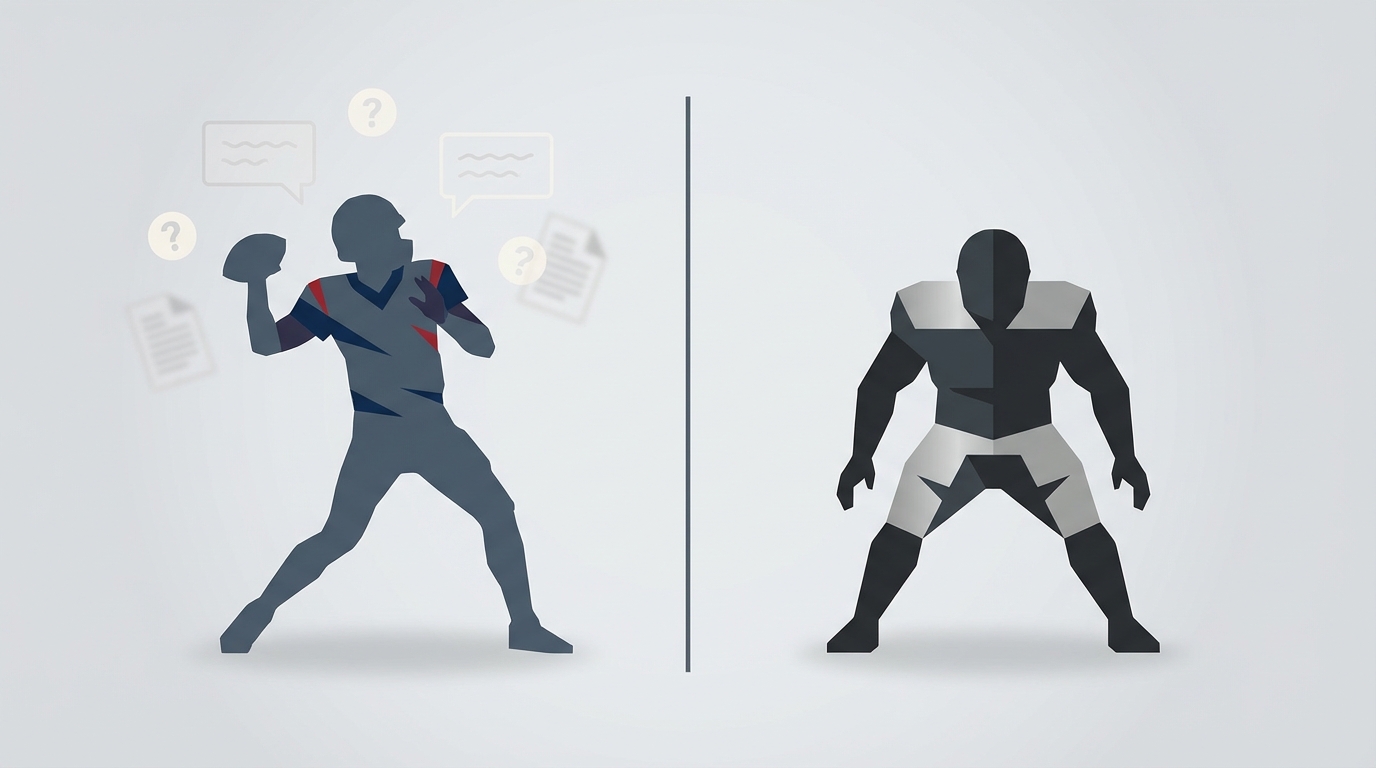 Abstract illustration showing two stylized figures representing a quarterback and a defensive lineman separated by a dividing line with question marks above to symbolize rumor versus fact.