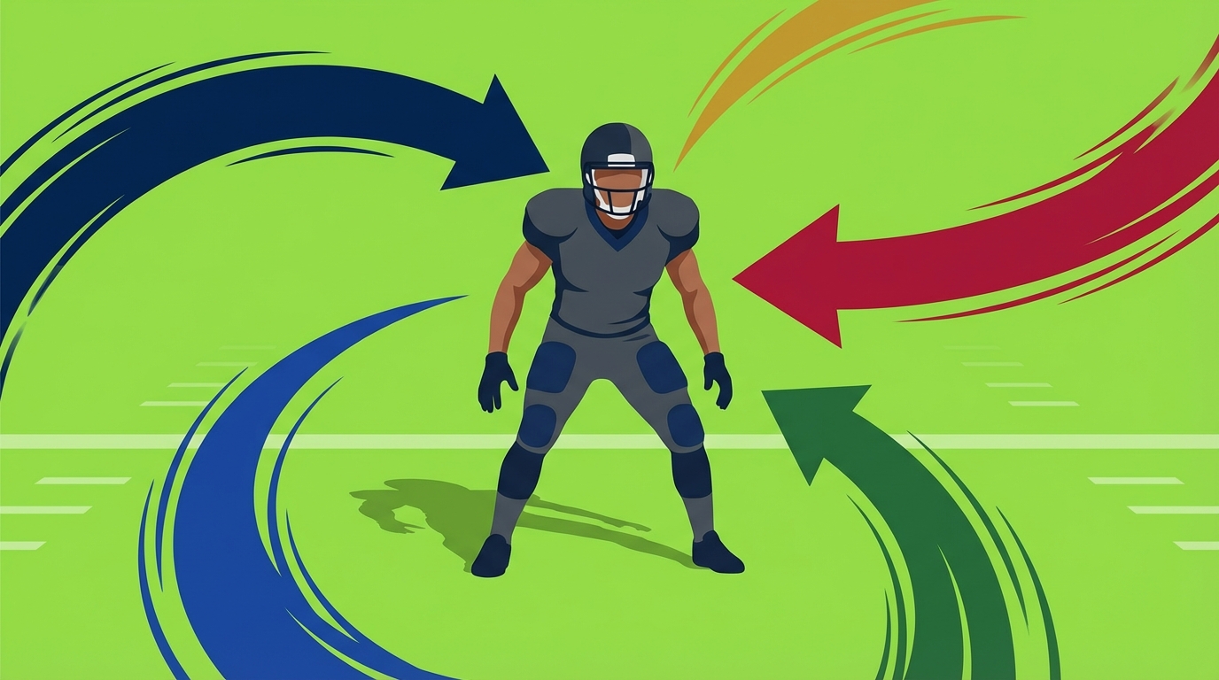 Multiple teams circling a football player