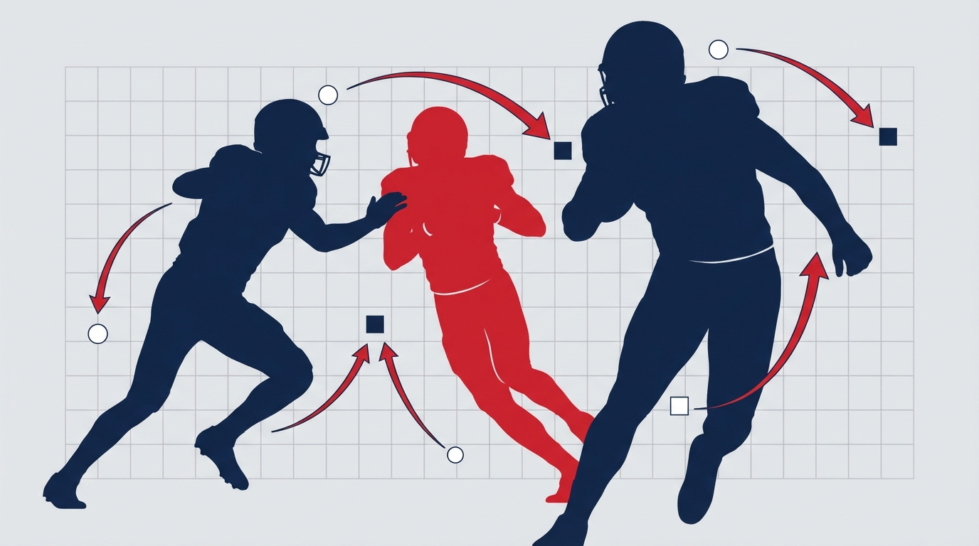 Minimalist vector illustration of three football player silhouettes with movement arrows and playbook grid