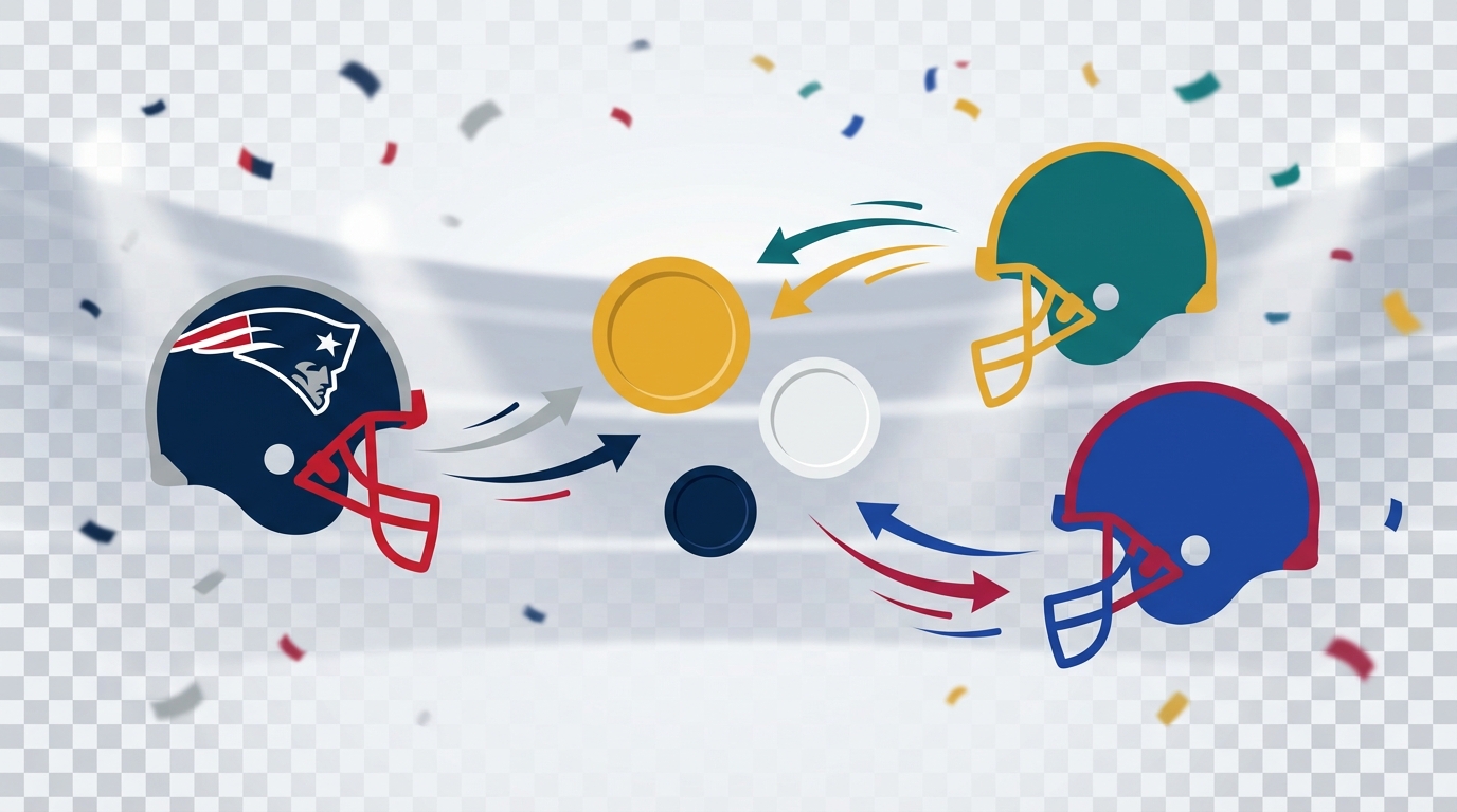 Vector illustration showing stylized Patriots helmet and two team helmets with floating draft-pick tokens and arrows representing trade movement