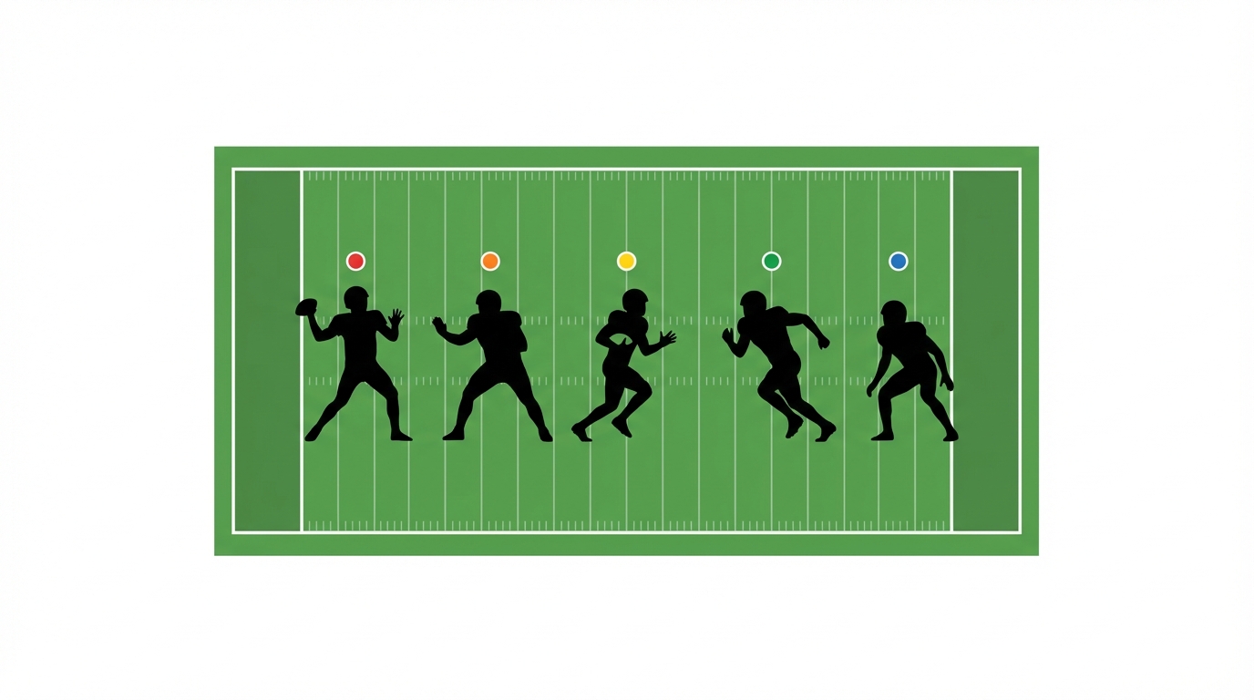 Overhead football field with position silhouettes and colored priority markers representing teams' biggest remaining needs after free agency