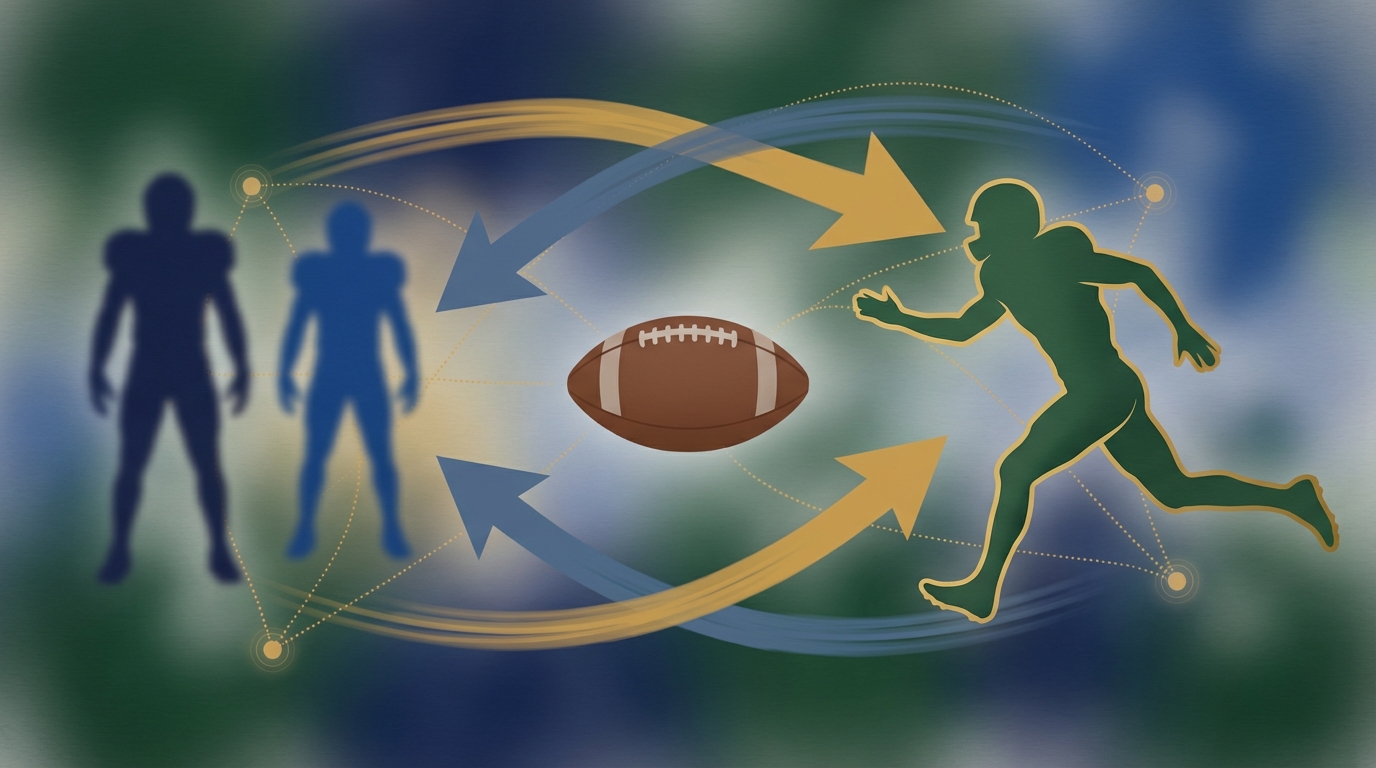 Abstract NFL trade rumors illustration showing a generic football, three player silhouettes and directional arrows to symbolize trades and rumors