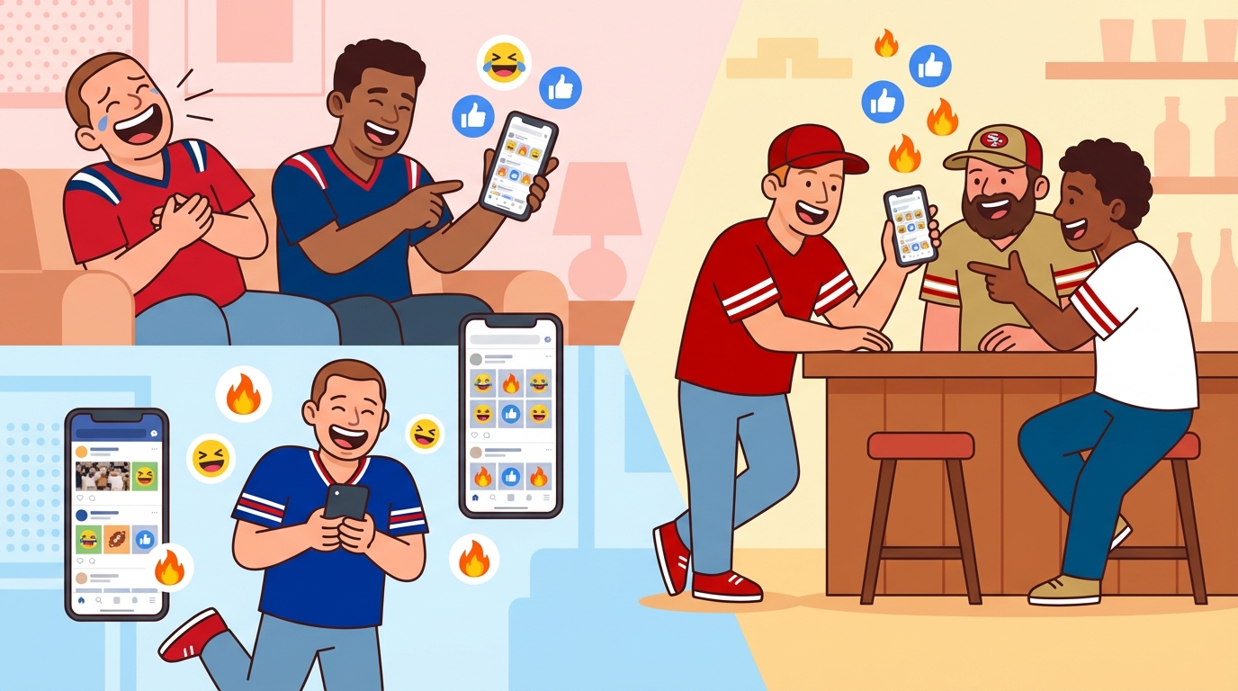 Fans laughing and reacting on social media with phones and floating emoji reactions