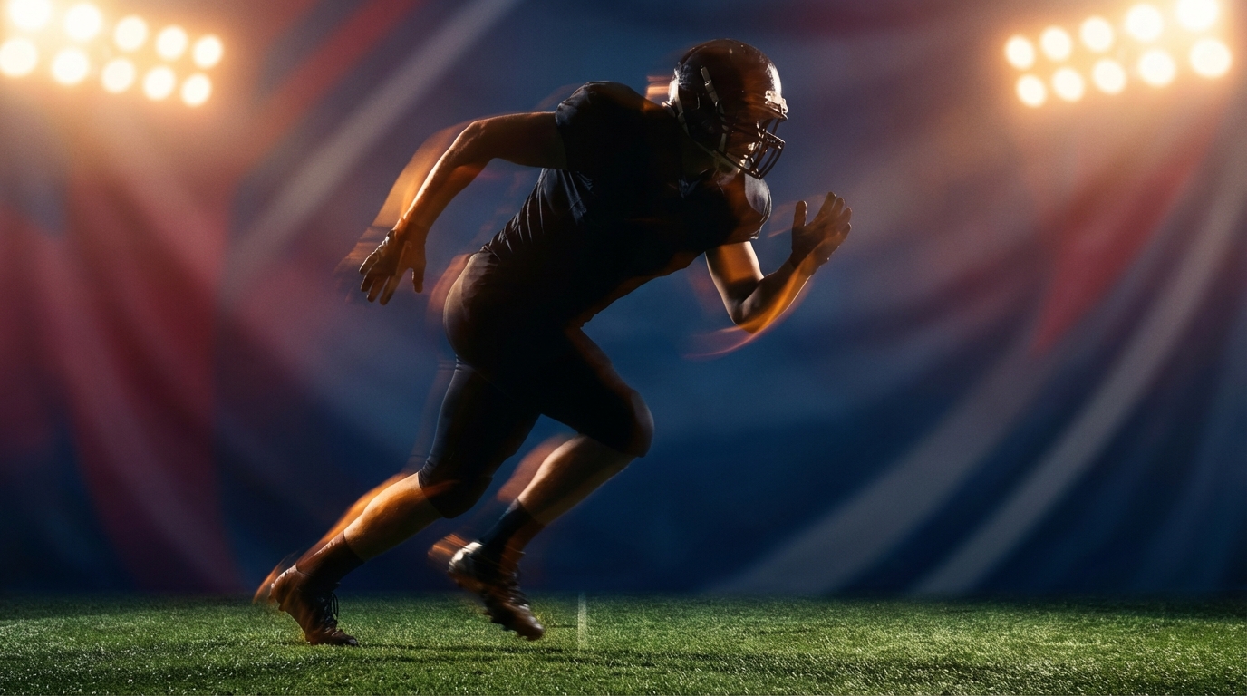 Silhouette of a football player sprinting during combine drills with soft Patriots red and blue gradient background, stadium lights