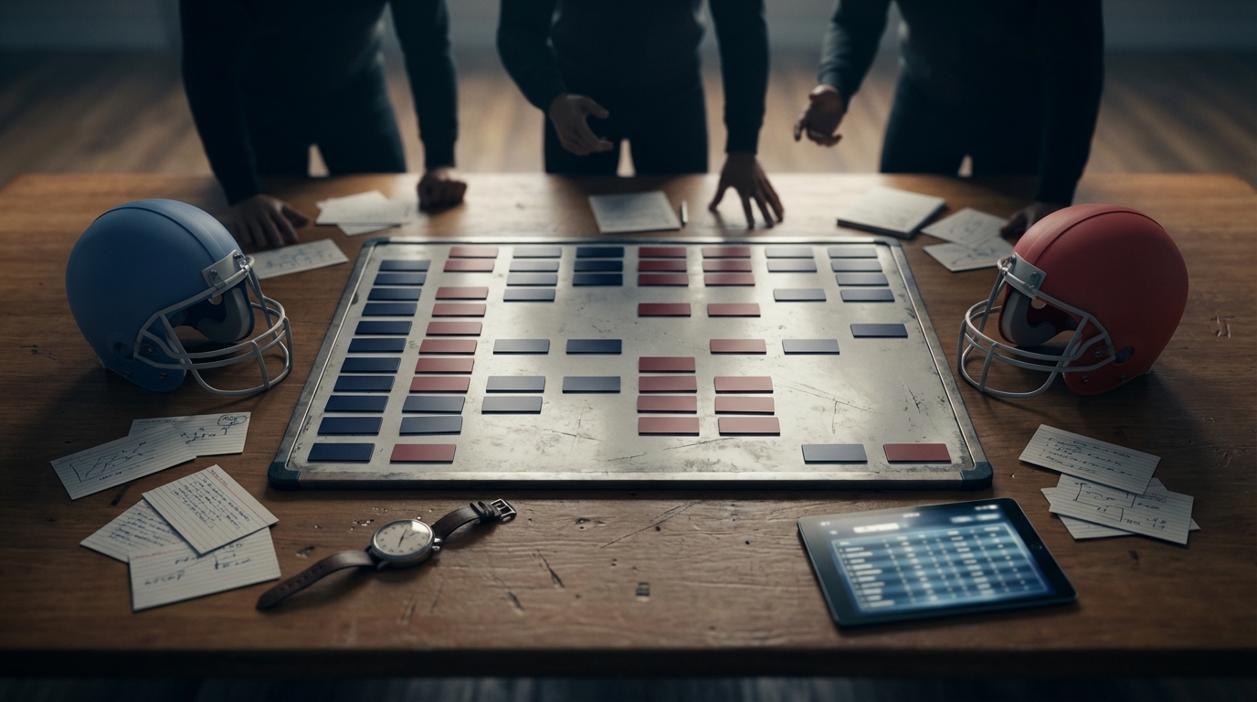 Draft strategy image showing a draft board, helmets and player silhouettes