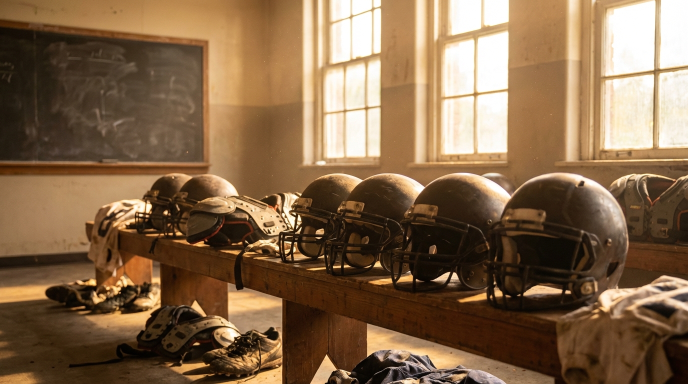 Sunlit locker room bench with neutral helmets and pads symbolizing rebuilding and strength