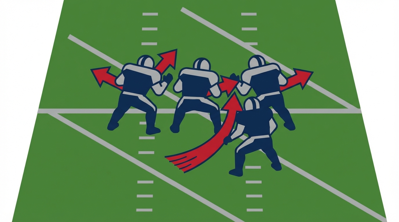Top-down illustration of an offensive line cluster and inside linebacker on a green football field, using Patriots navy, red, and silver colors