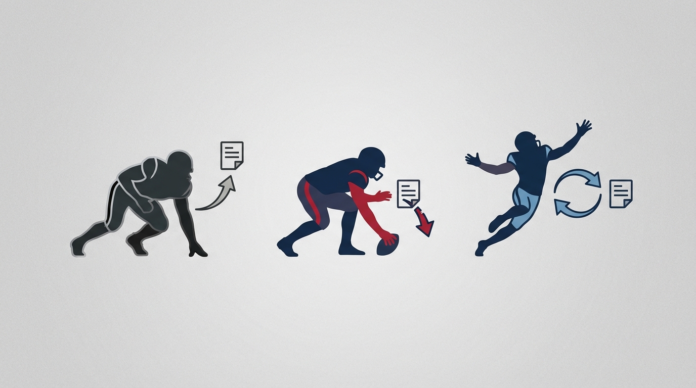 Stylized silhouettes of a linebacker, long snapper and wide receiver with curved arrows indicating signings, cuts, and trades