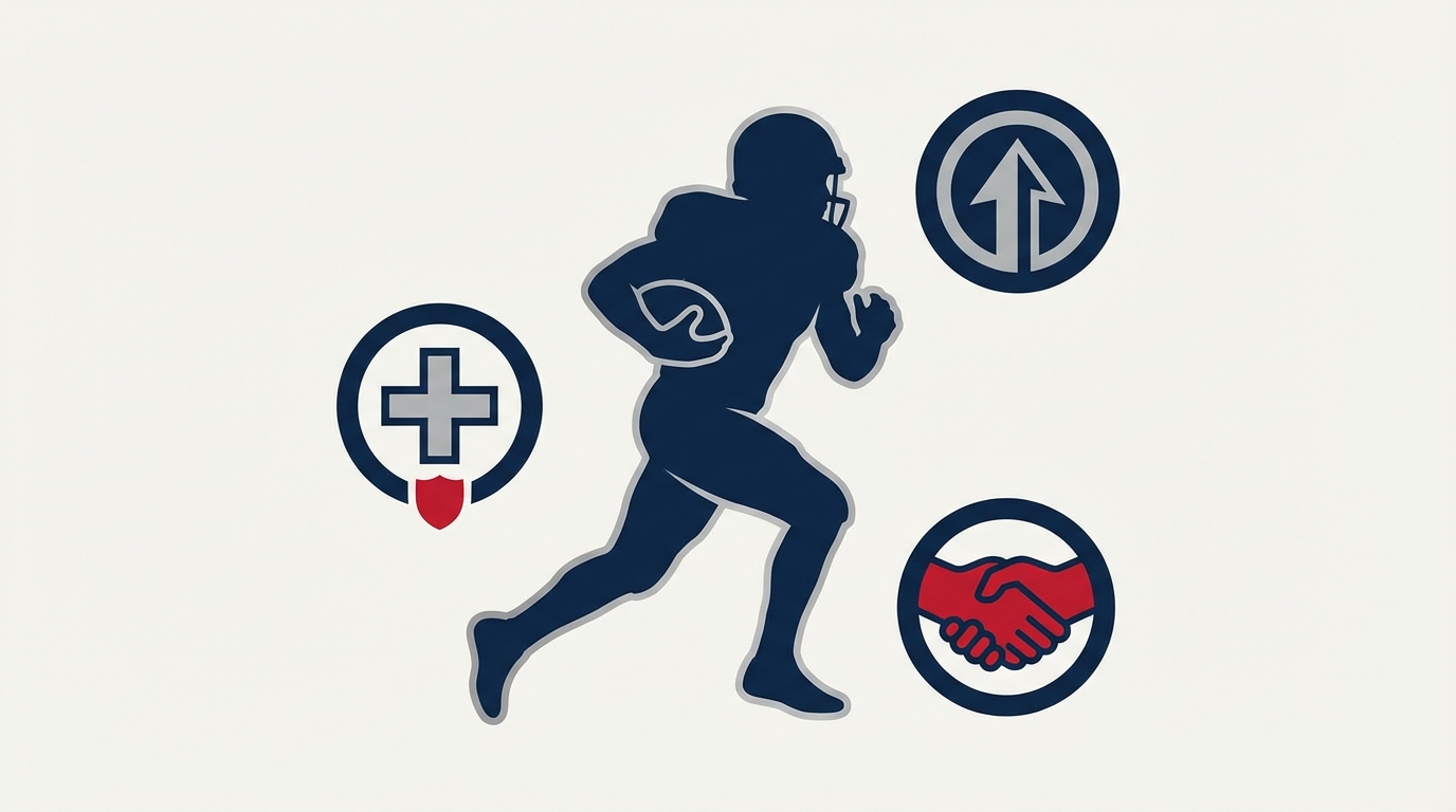 Silhouette of a Patriots player with draft and free agency icons