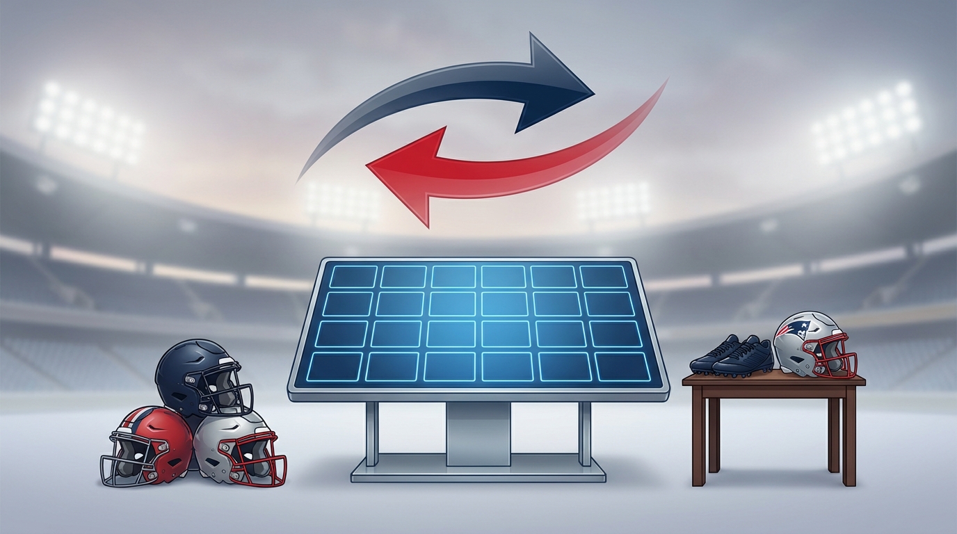 Stylized Patriots draft board with helmets, cleats, and curved trade arrows symbolizing player movement