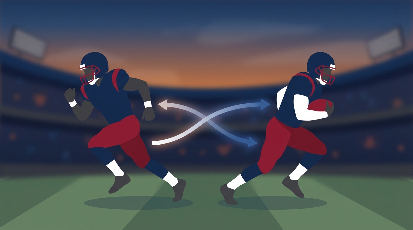 Illustration of Patriots trade activity: two generic football players moving in opposite directions with motion lines in a stadium dusk scene
