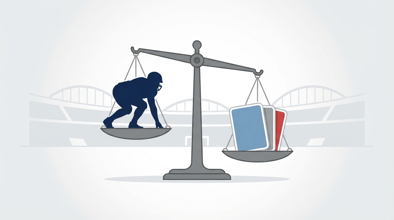 Balance scale metaphor: defensive lineman versus draft pick stack