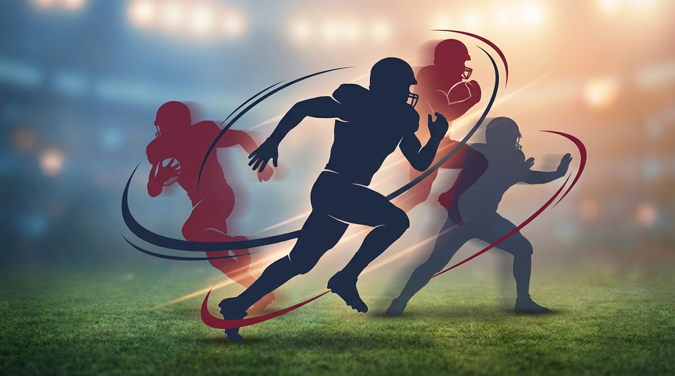 Silhouette of a versatile football player with translucent action overlays
