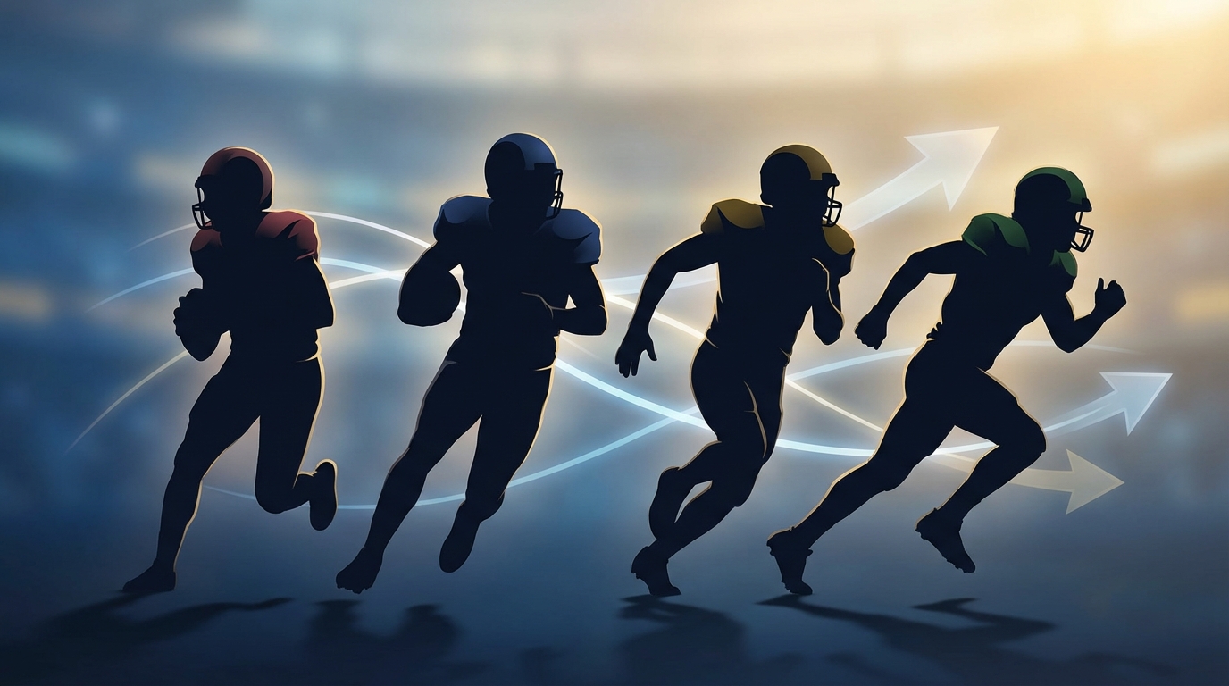 Stylized silhouettes of NFL players in motion representing free agency movement