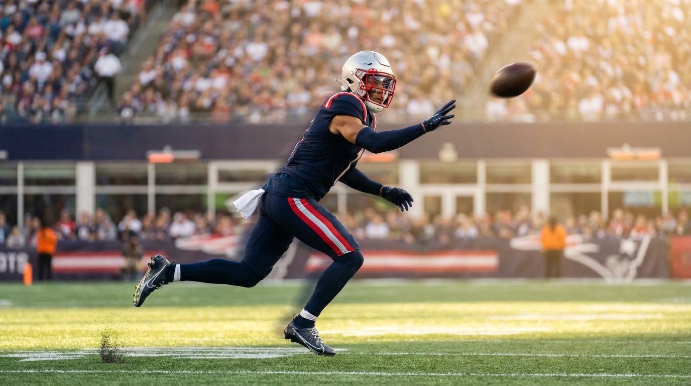 Christian Gonzalez sprinting to break up a deep pass in a navy Patriots-style uniform, late-afternoon stadium lighting, motion blur conveying speed.