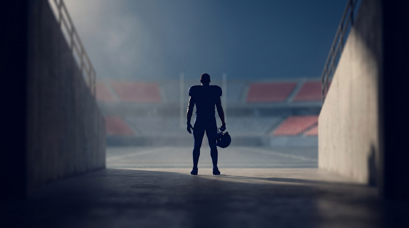Silhouette of a football player standing at the edge of a stadium tunnel, helmet in hand, conveying uncertainty and change in the Patriots receiving corps.