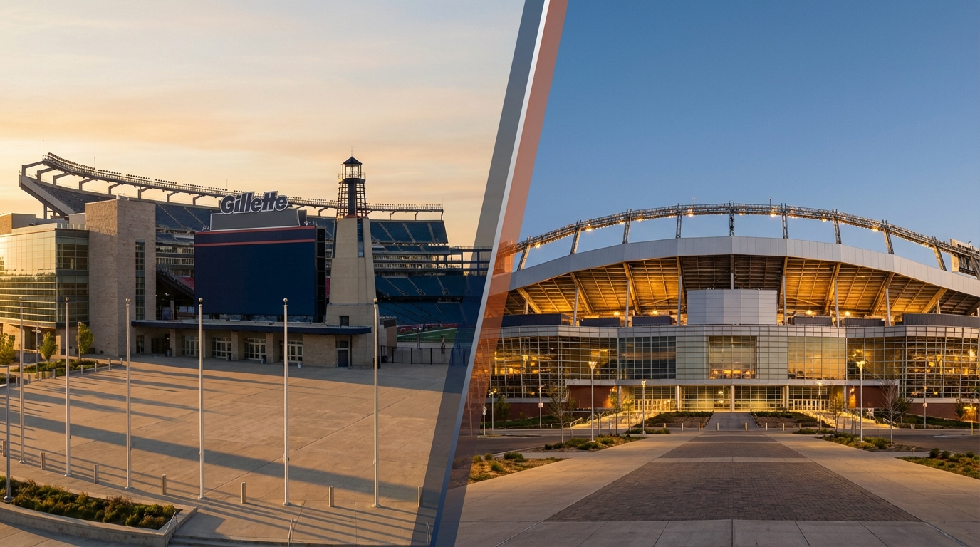 Split stadium image showing Gillette Stadium and Empower Field at Mile High