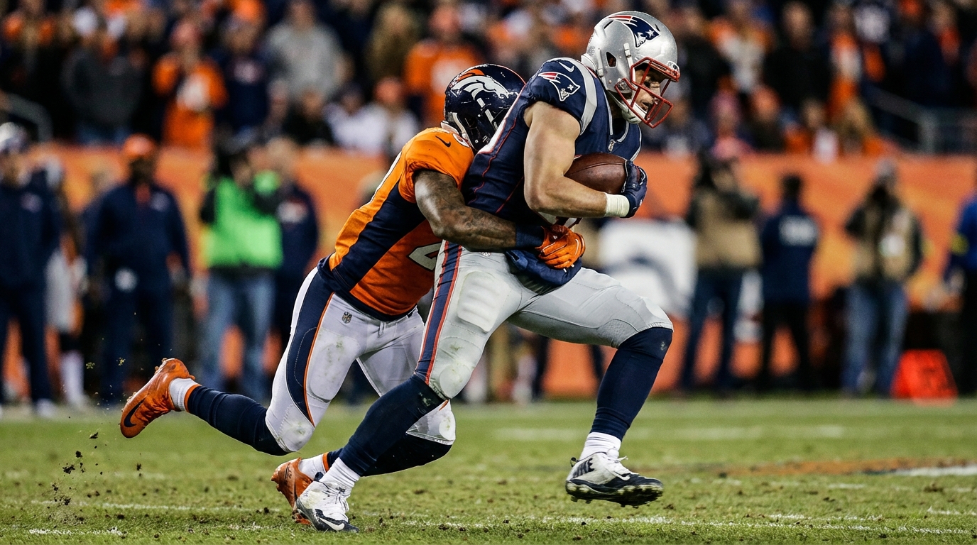 Patriots and Broncos players collide on a dramatic mid-field play, showing a Patriots ball carrier breaking a tackle from a Broncos defender under stadium lights.