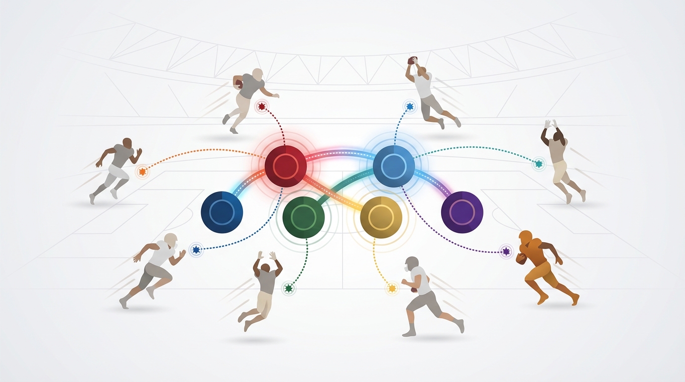Abstract vector illustration showing multiple player silhouettes connected to colorful team hubs by dotted and glowing lines, representing high-intensity pre-draft prospect visits