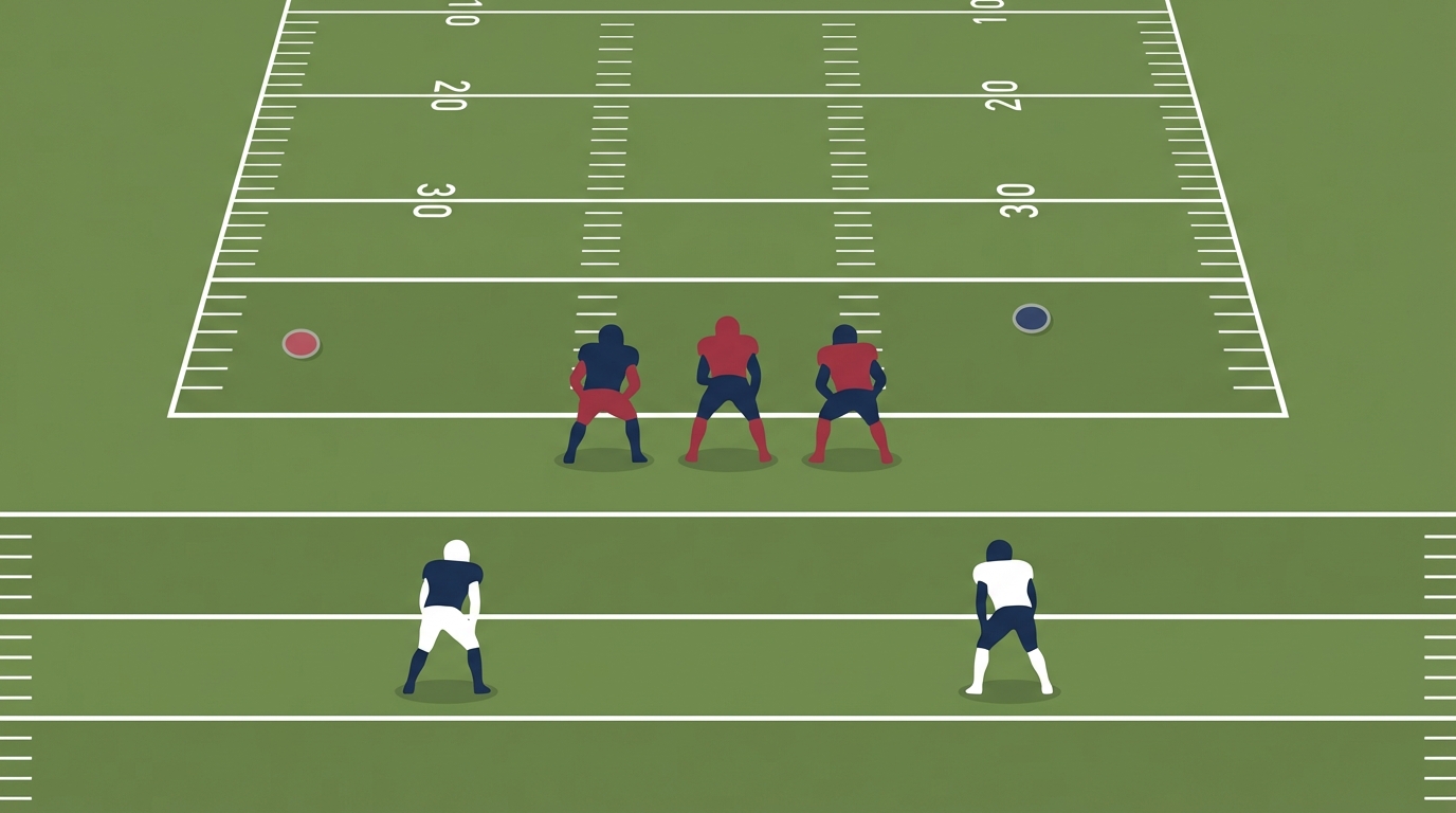 Overhead digital illustration of a football field with subtle draft markers at the 31 and 63 yard positions and silhouettes of three wide receivers near the line of scrimmage and two safeties deeper in the defensive backfield