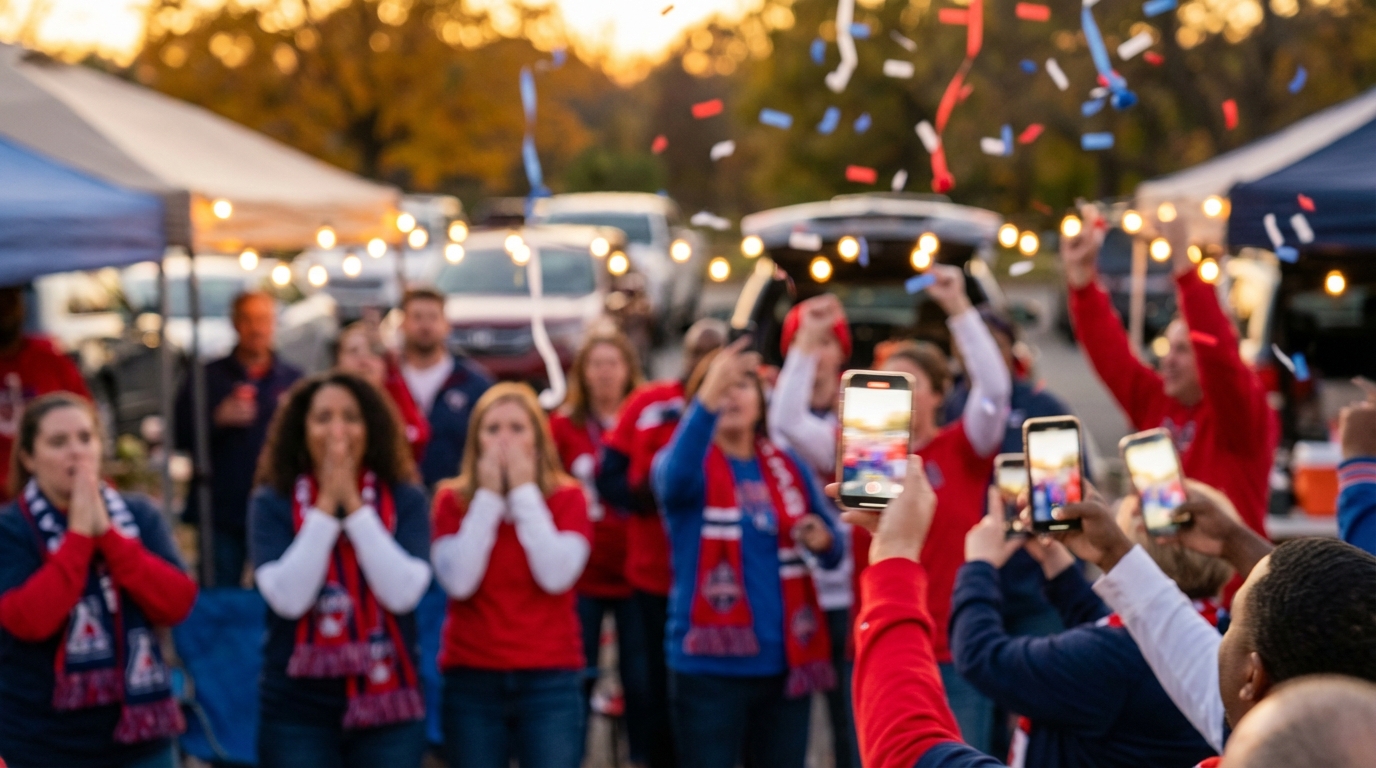 Fans cheering at a tailgate and living-room watch party, phones glowing and confetti in the air