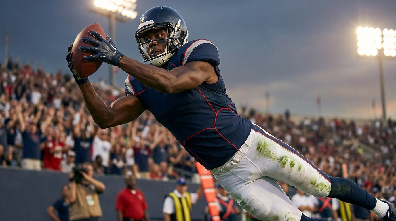 Romeo Doubs making a dynamic diving catch in a Patriots-style uniform