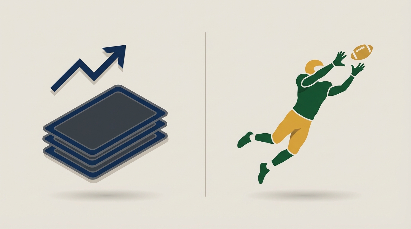 Split flat-design image: left shows stacked draft cards and upward arrow; right shows a wide receiver silhouette leaping to catch a football