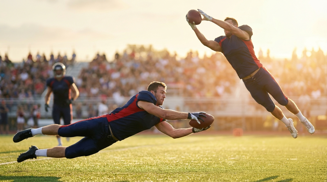 Two wide receivers leaping and diving on a football field during golden hour
