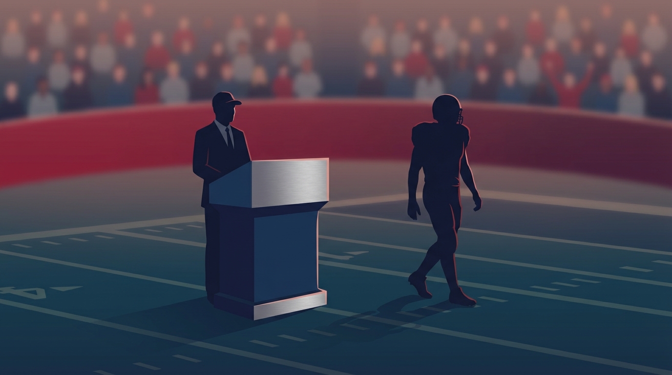 Stylized aerial view of a football field with a draft podium and player silhouettes in navy, red, and silver tones — no text.