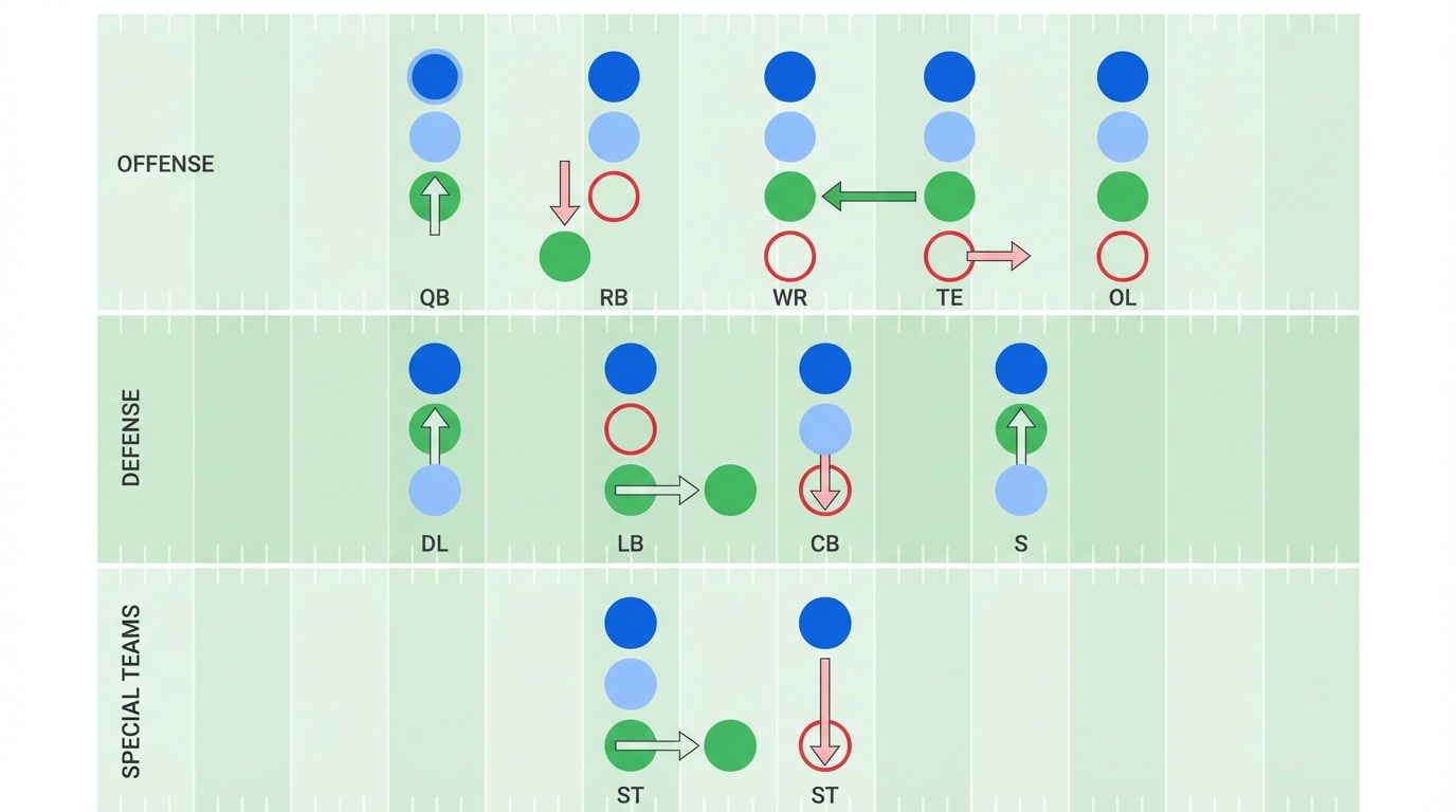 Generic football roster chart showing positional depth and player movement