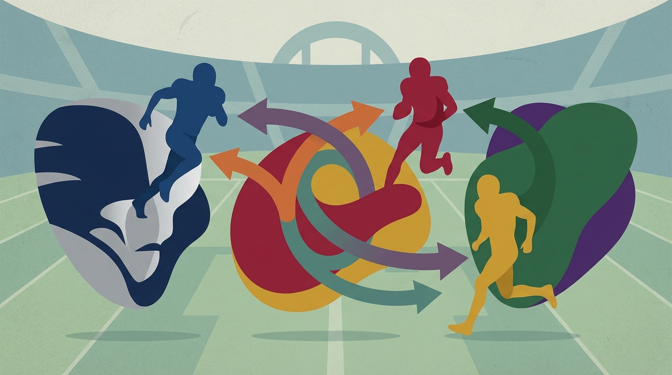Abstract illustration of football players moving between colored team shapes connected by curved arrows, representing NFL trade rumors and player movement