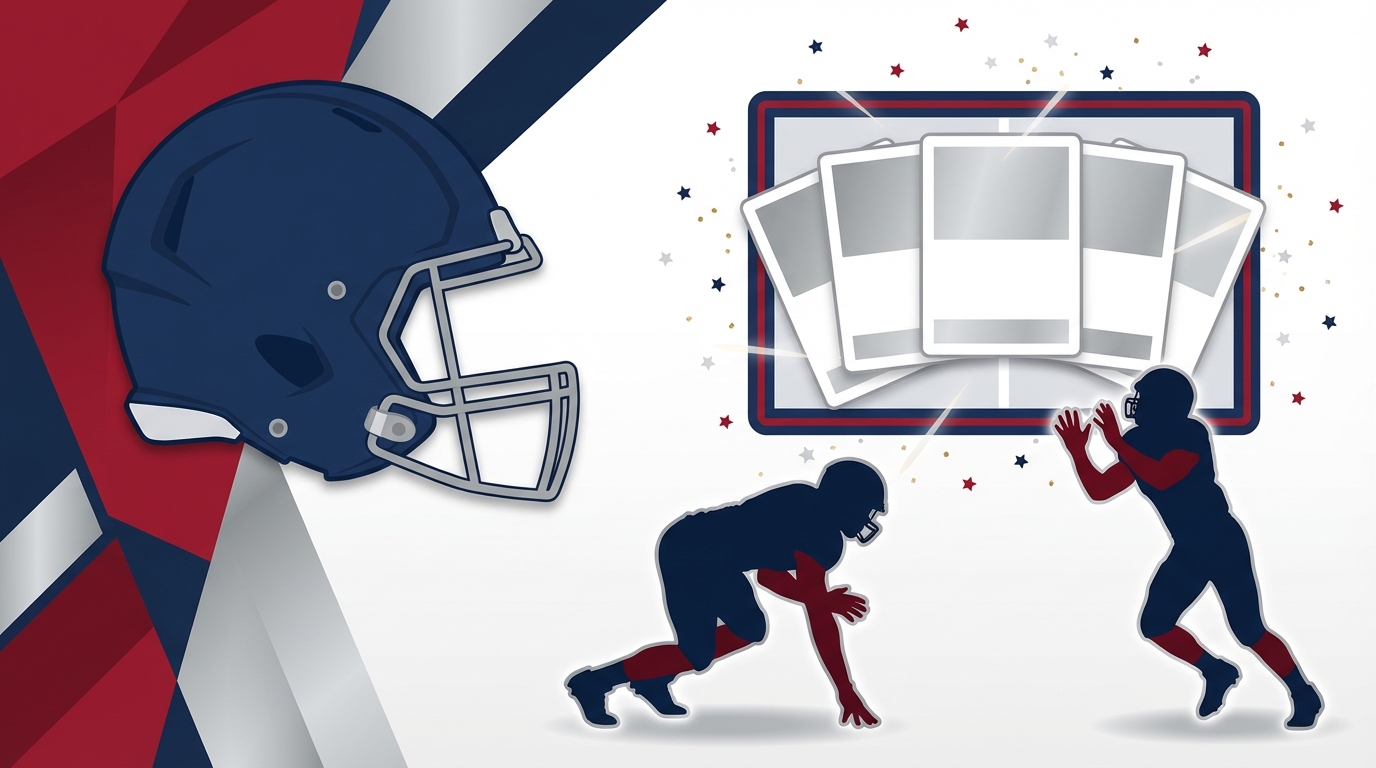 Minimalist illustration of a football helmet, stylized draft board, and two athlete silhouettes evoking NFL Draft excitement and discovery