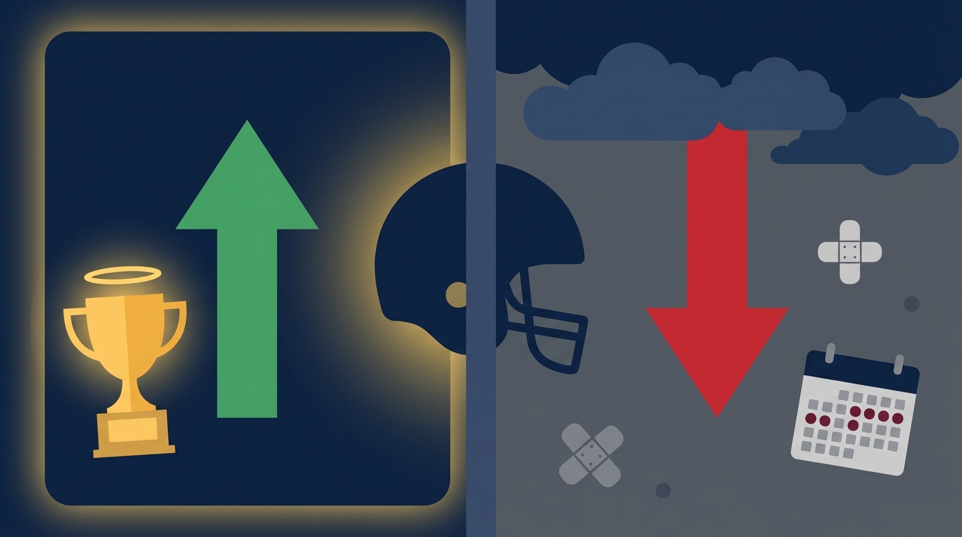 Split symbolic illustration of Patriots 2025 success and 2026 risks