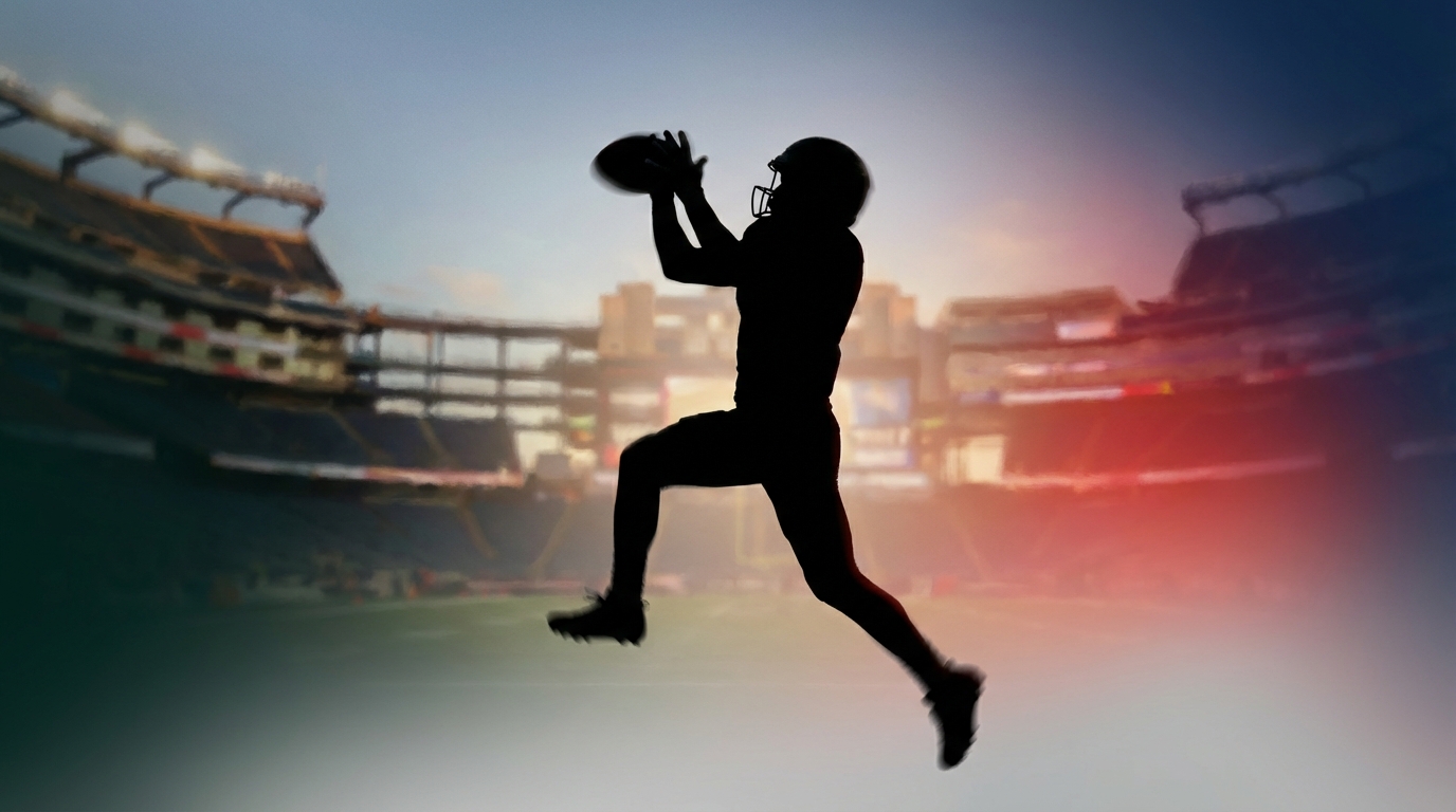 Silhouette of a wide receiver leaping with Foxboro-style stadium backdrop