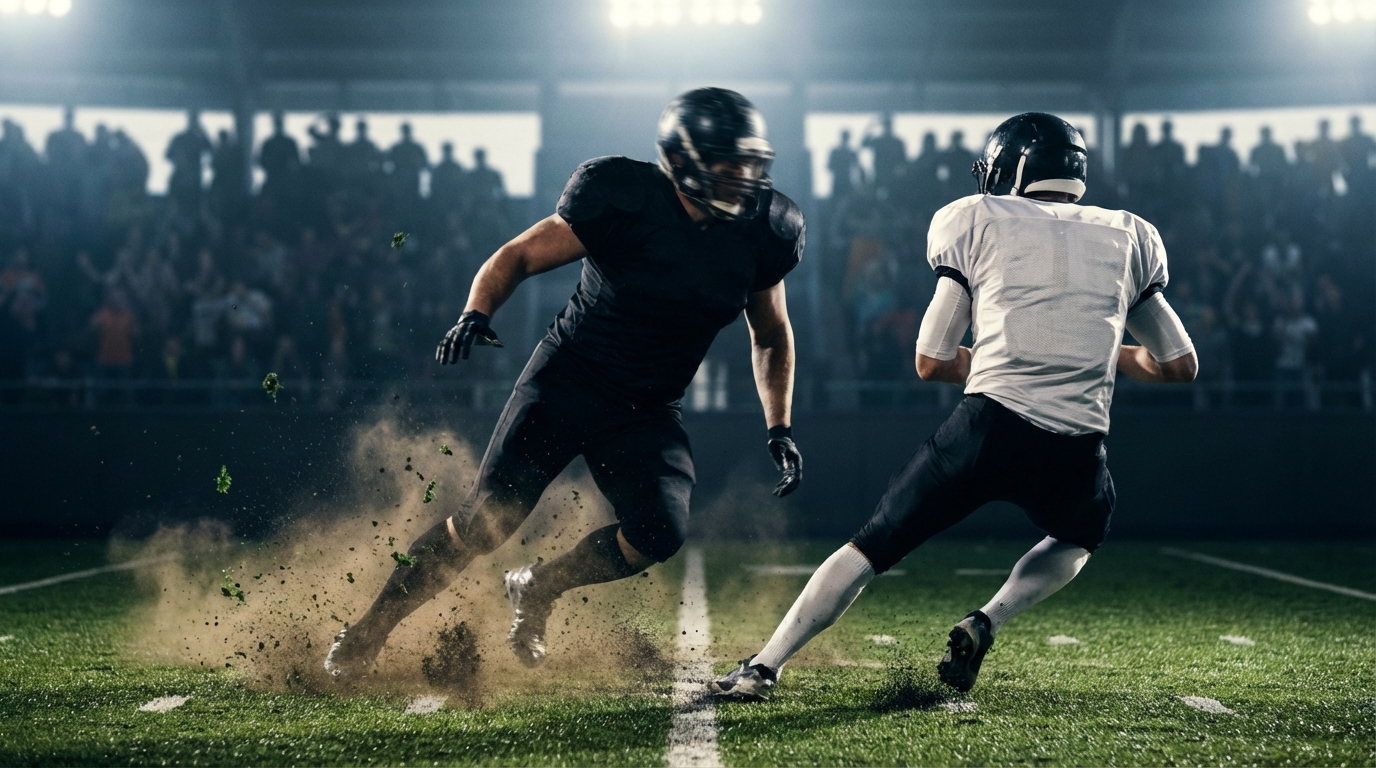 Defensive lineman charging toward the quarterback, mid-action, turf flying, dramatic stadium lighting