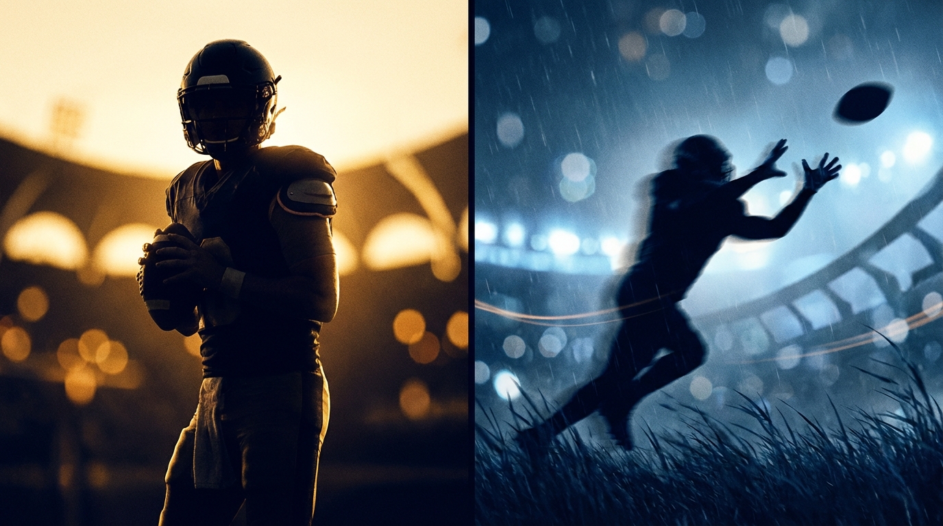 Quarterback silhouette and leaping receiver symbolizing recovery, uncertainty, and anticipation