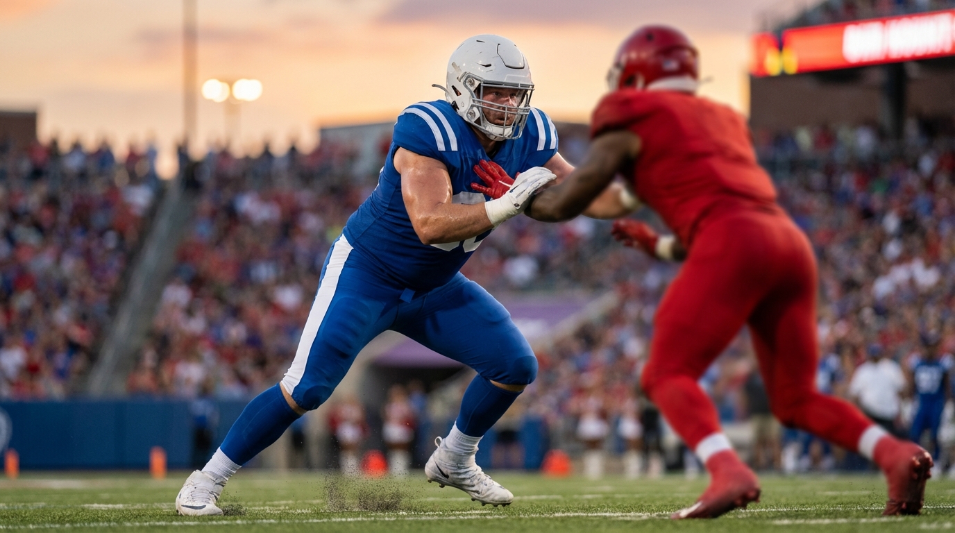 Offensive tackle driving forward to block a pass rusher in a blue and white generic uniform