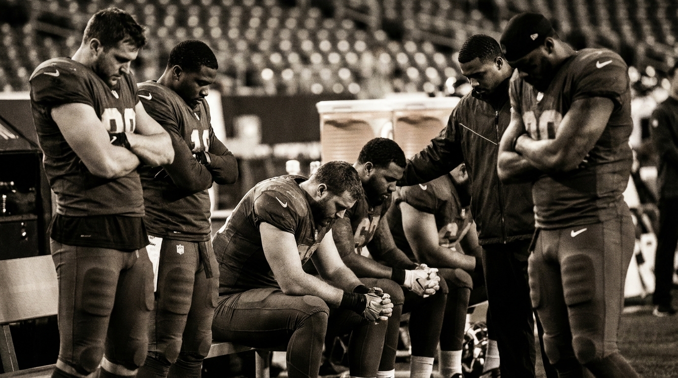 Group of professional football players showing solidarity on a sideline: helmets off, heads bowed, one player placing a hand on a teammate's shoulder, muted tones, blurred stadium background
