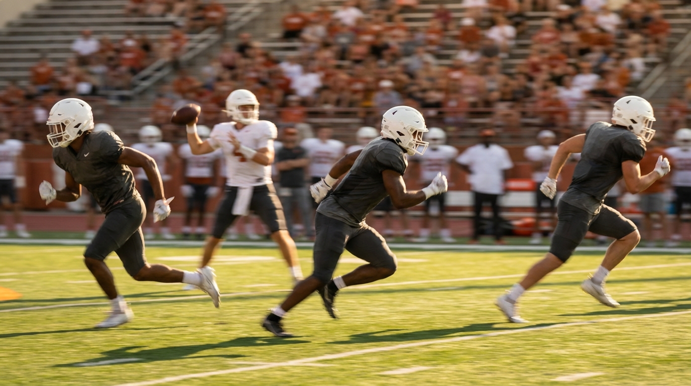 Three wide receivers running routes on a football field