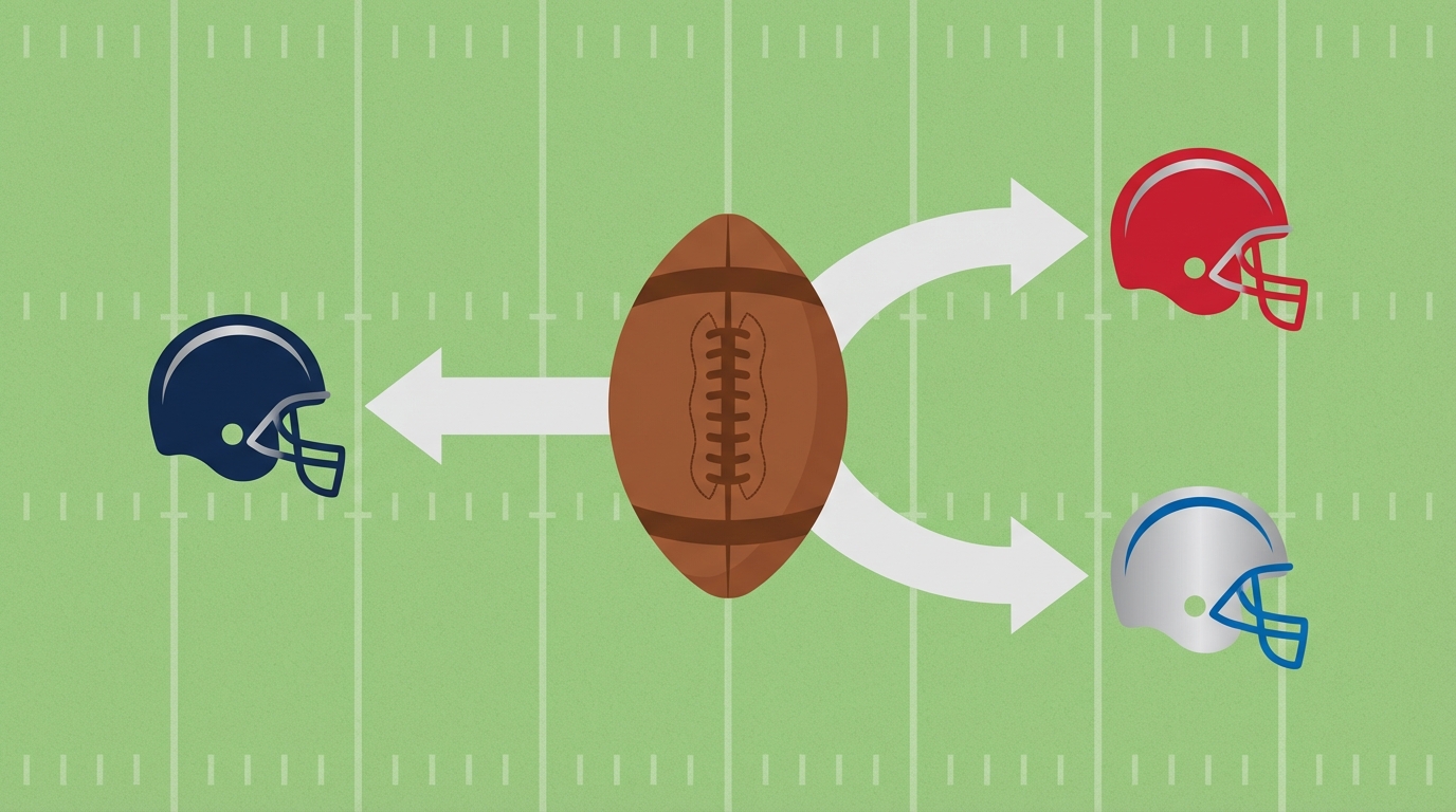 Stylized football with arrows pointing to helmet silhouettes on a subtle field background, representing trade movement.