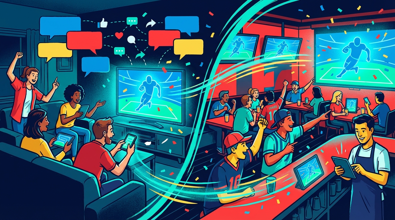 Fans gathered around devices with speech bubbles and social icons