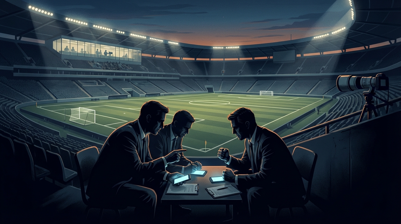 Football stadium at dusk with silhouetted negotiators